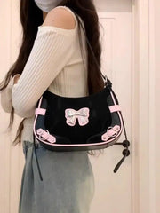 Cyflymder Sweet Cool Black Y2k Shoulder Bags Purse Women Hot Girls Bow Chic Cute Handbag Female Fairycore Underarm Bag Aesthetic