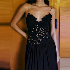 Cyflymder Women Fashion Sleeveless Backless Beach Long Dress Lace Embroidery Off Shoulder Black Dress Sexy Suspender Pleated Holiday Dress