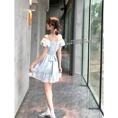 Cyflymder Kawaii Bow Mini Dress Women Japanese Lolita Lace Slash Neck Dresses Summer Korean Party Cute Puff Short Sleeve Bodycon Vestidos