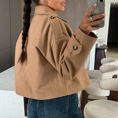 Cyflymder Fashion Double Breasted Warm Outwear Ladies Casual Streetwear Solid Color Coat Elegant Office Lapel Long Sleeved Autumn Jacket
