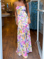 Cyflymder Elegant Off-Shoulder Maxi Dress with Boho Floral Print and Open Back Design for Summer Wedding Party Vacation Wear