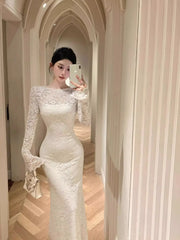Cyflymder White Lace Long-sleeved Dress Feminine Slimming and Hip-hugging Long Skirt