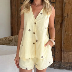 Cyflymder Women's 2 Piece Shorts Outfits Sleeveless V Neck Dot Print Button Up Tank Tops Shorts Sets