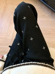 Cyflymder White rhinestone knitted pants for women autumn winter high waist thick warm loose soft straight leg wide leg pants 2025 New