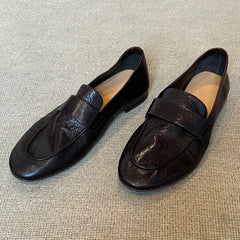 Cyflymder New Women Black Soft Genuine Leather Flat Loafers Comfortable Slip-on Office Commuter Casual Walking Shoes