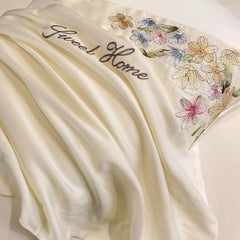 Cyflymder Luxury Bedding Set Flowers Embroidery Summer Ice Silky Duvet Cover Set Fitted Sheet Bed Sheet Pillowcases Comforter Cover Set