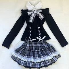 Cyflymder Japanese Gothic Y2k Lolita Skirt Set Women Sweet Lace Bow Bandage Knitted Off-shoulder Top Plaid Mini Skirts Kawaii Slim Outifit