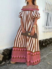 Cyflymder Casual Striped Print Backless Travel Vacation Dress Trendy Bubble Sleeve Loose Dress Elegant One Neck Off Shoulder A-List Dress