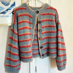 Cyflymder Women Y2K Blue Red Striped Knit Cardigan Round Neck Button‑Down Long‑Sleeve Loose Cropped Sweater Casual Outerwear