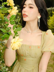 Cyflymder Puff Sleeve Dresses Women Vintage Sweet Girls Retro Simple Print Fashion Preppy Popular Teens Basic Elegant High Waist Harajuku