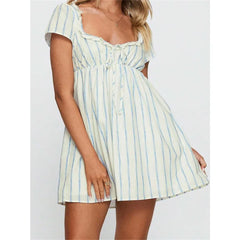 Cyflymder【New style】Women Summer Casual Short Dress Short Sleeve Solid Color/Stripe Print Square Neck Empire Waist Mini Dress