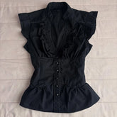 Cyflymder New Vintage Office Lady Y2K Goth Shirt Slim Waist Elegant All-match Flying Sleeve Blouses Creativity Ruched Casual Moda Blusas