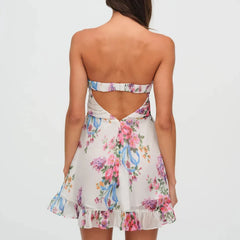 Cyflymder One Shoulder Mini Ruffles Dress Elegant Summer Floral Print Tie-up Party Dress Simple Women Backless Beach Dress New Sweet