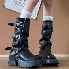 Cyflymder Punk Style Women Knee-High Boots Square High Heels Shoes Female Belt Buckle Long Booties Autumn Winter Zapatos De Mujer