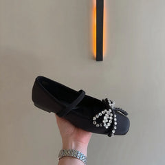 Cyflymder French Rhinestone Bow Square Head Satin Single Shoes Women's 2025 New Versatile One-word Belt Ballet Shoes