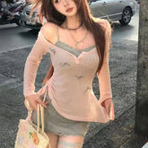 Cyflymder Spring Harajuku Japanese Sweet Y2k 2 Piece Set Women Lace Sexy Dress + Chic Blouses New Fashion Slim Elegant Hot Chick Suit