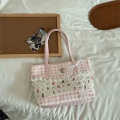 Cyflymder Sweet Cute Pink Plaid Tote Bag Women Harajuku Romantic Lace Detail Shoulder Bags Female Large Capacity Casual Handbag