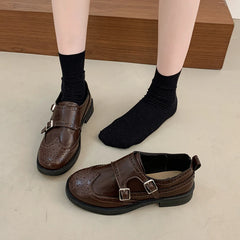 Cyflymder British Women's Spring New Versatile Chunky Heel Brogue Flats Low Heel Loafers