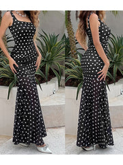 Cyflymder Elegant Floral Print Maxi Dress Women s Summer Sleeveless Square Neck Bodycon Ruffle Dress with Polka Dot Pattern