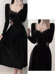 Cyflymder French Style Powerful Women's Formal Dress High-end Light Luxury Niche Retro Black Velvet Dress Autumn New Collection Dresses