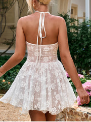 Cyflymder Women's Halter Backless Lace Mesh Mini Dress Zipper A-line Double Layer Fashion Streetwear Party Short Dresses White