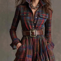 Cyflymder European American Women's Shirt Maxi Dress Autumn Casual Long Sleeve Button Pocket Plaid Print Lapel Retro Long Dress Vestidos