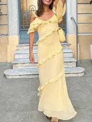 Cyflymder Sexy Chic Women Dress Yellow Solid Cami Long Tierred Straight Chiffon Dress Fashion Autumn Evening Club Party Dress
