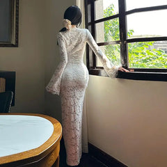 Cyflymder French Elegant Style Women's Flavor Lace Horn Sleeve Lace Sexy High Slit Dress Long Sleeves Minimalist Casual Dress