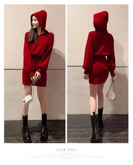 Cyflymder Red Chinese New Year Knitted Hoodie Dress Women Slim Bodycon Short Mini Dress