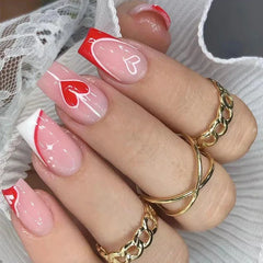 Cyflymder 24Pcs Simple Pink White Gradient French-style Manicure Glossy Love Heart False Nails Art Short Wearable Nail Stickers for Women