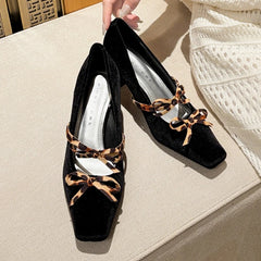 Cyflymder Luxury Velvet Square Toe High Heeled Women Pumps Leopard Bowknot Chunky Heel Mary Jane Shoes Ladies Elegant Wedding Bridal Heels