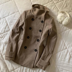 Cyflymder Women's Y2K short wool-blend coat featuring solid khaki color stand up collar double breasted slim fit style autumn and winter