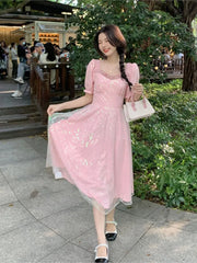 Cyflymder Women Sweet Pink Puff Sleeve A-line Mini Dress Female Mesh Square Collar Holiday Dress Shiny Girl Design Dress