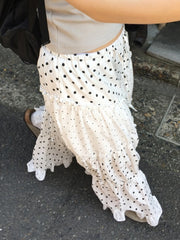 Cyflymder Sweet Patchwor Lace Ruched A-Line Skirts Holiday Casual Mid-Waisted Maxi Skirts Women Summer Fashion Streetwear