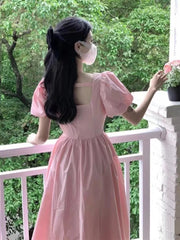 Cyflymder Pink Square Neck Long Dress Summer New Style First Love Sweet Super Fairy Elegant Casual Dress