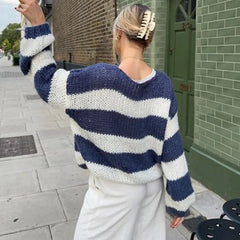 Cyflymder Women Y2k Striped Sweater Oversized Long Sleeve Color Block Knitted Pullover Aesthetic Loose Crewneck Knit Tops