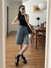 Cyflymder Summer Women's High Waisted Wide Leg Mid Length Pants Young Girl Bottom Female Large Size Retro Blue Denim Shorts
