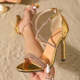 Cyflymder Women Thin High Heels Summer Open ToeGolden rhinestones Buckle Strap Sandals Roman Pumps Gladiators Hollow Cross Strap Sandals