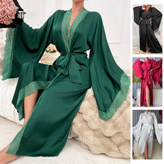Cyflymder Luxury Lace Patchwork Long Pajamas Bridesmaid Gift Women Nightgown Bathrobe Silk Robe Loungewear Lace-up Long Sleeve Solid Loose