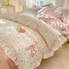 Cyflymder 100% Cotton Vintage Countryside Rose Floral Lace Ruffles Duvet Cover Set Bed Sheet Or Fitted Sheet Pillowcases Girls Bedding Set