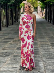 Cyflymder Floral Print Satin One Shoulder Dress Waist Cinched Asymmetric Summer Elegant Women Gown Causal Chic Lady Vestido