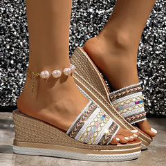 Cyflymder Bohemian Striped Braided Wedge Sandals Women Summer Thick Sole Outdoor Beach Slides Woman Plus Size Fashion Platform Slippers