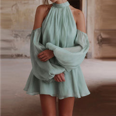 Cyflymder Sexy Hang Neck Flared Sleeve Beach Holiday Dress Elegant Solid Irregular High Waist Dress Temperament Pleated Off Shoulder Dress