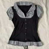 Cyflymder Subcultural Spliced Plaid Conctrast Color Fake Two Piece Y2k Aesthetic Japanese High Street Buttons Punk T Shirt Retro Clothes