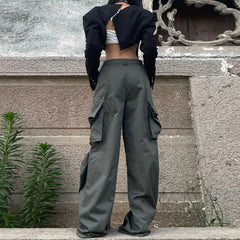 Cyflymder American Retro Baggy Cargo Pants Y2K Streetwear Low-Waisted Wide Leg Trousers Female Fashion Big Pocket Straight Pants