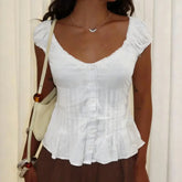 Cyflymder Women Y2k Coquette Shirts Short Sleeve U Neck Button Ruffle Lace Patchwork Fairy Grunge Going Out Tops Tees