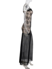 Cyflymder Sexy Sheer Mesh Lace Maxi Dress Women Elegant Spaghetti Strap Sleeveless See Through Slim Long Gown for Special Occasion