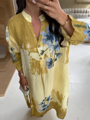 Cyflymder Button Printed Oversize Midi Dress Women V-neck Fashion Holiday 2025 Autumn Dresses Long Sleeve Tie-dye Street Loose Female Robe