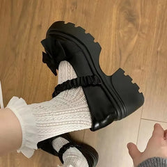 Cyflymder Closed Toe Shoes for Women Casual Bow Chunky Heel Loafers – Stylish Jane Shoes For Skirts