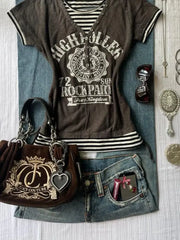 Cyflymder Vintage T-shirt Fake 2Piece Himekaji Print Y2k 2000s Crop Top Summer Goth Punk Stripe Slim Woman Clothes O-Neck Fashion Emo Tees